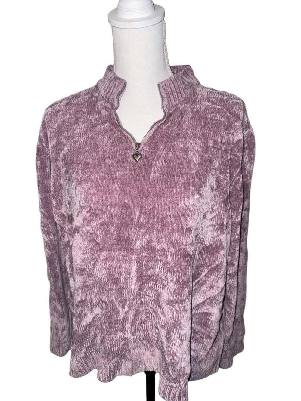 Alfred Dunner Pullover Sweater Size XL Mauve Pink Quarter Zip Heart Zipper